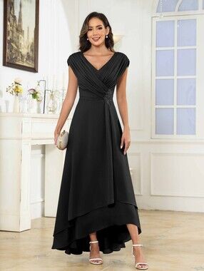 HY Womens 4 V-neck Beaded Ruched High Low Chiffon Bride Prom Dress